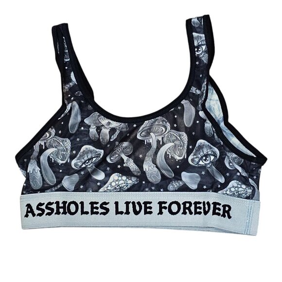 ALF New Mushroom Mesh Sheer Stretch Gray And Black Sports Bra - Picture 3 of 6